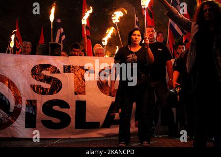 Golden Dawn members and supporters held a rally in Athens, Greece on May 29, 2017 to commemorate the conquest of Istanbul from the Ottoman Turks, on 29 May 1453. (Photo by Giorgos Georgiou/NurPhoto) *** Please Use Credit from Credit Field *** Stock Photo