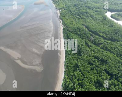 The ocean waves touching the coastline with the green forest view, Playa El Espino, Usulutan, El Salvador, aerial Stock Photo