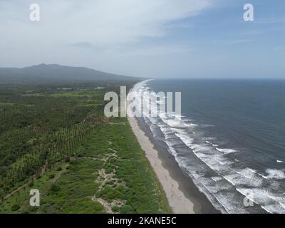 The ocean waves touching the coastline with the green field view, Playa El Espino, Usulutan, El Salvador, aerial Stock Photo