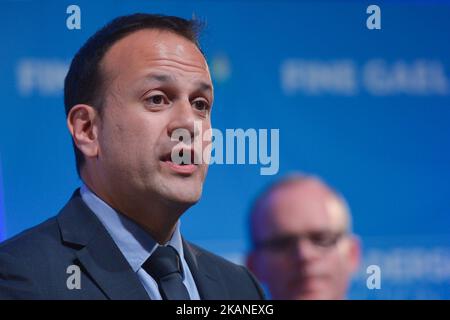 Leo Varadkar inside the Mansion House in Dublin, where he was elected the new leader of Fine Gael and on course to become Ireland’s first gay Taoiseach. Following the formation of a Fine Gael minority government in May 2016, Leo Varadkar was appointed Minister for Social Protection. After the resignation of Enda Kenny as Leader of Fine Gael in May 2017, Varadkar announced his candidacy for party leader. He faced Minister for Housing Simon Coveney in the Fine Gael leadership election. Today, on 2nd of June 2017, it was announced that Varadkar had been elected Leader of Fine Gael, winning 51 of Stock Photo