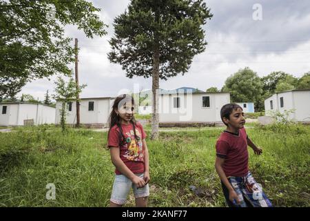 Children play around the Alashan refugee camp for relocated civilians of the border Talish village on 2 June 2017 destroyed during the combats between Azerbaijan and Nagorno Karabakh armies. (Photo by Celestino Arce/NurPhoto) *** Please Use Credit from Credit Field *** Stock Photo