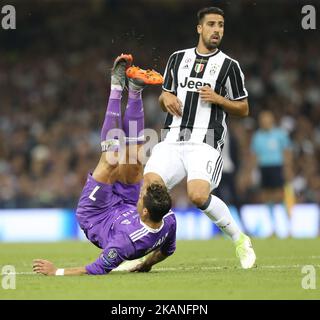Sami Kedira of FC Juventus in action against Cristiano Ronaldo during the UEFA Champions League Final between Juventus and Real Madrid at National Stadium of Wales on June 3, 2017 in Cardiff, Wales. (Photo by Raddad Jebarah/NurPhoto) *** Please Use Credit from Credit Field *** Stock Photo