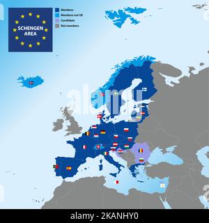 Schengen Area map with borders and flags of countries, Europe, vector illustration Stock Vector