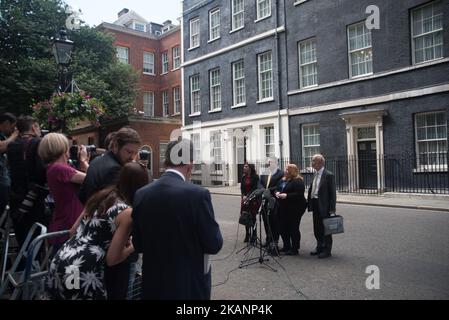 Naomi Long, leader of the Alliance Party of Northern Ireland (2nd R) stands with colleagues as she speaks outside Downing Street, London on June 15, 2017. Prime Minister Theresa May is due to hold a series of meetings with the main Northern Ireland political parties today to allay mounting concerns over a government deal with the DUP in the wake of the UK general election. (Photo by Alberto Pezzali/NurPhoto) *** Please Use Credit from Credit Field *** Stock Photo