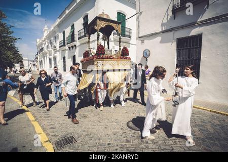 Children in procession in the Corpus Christi in Cazalla de la Sierra June 19, 2017. In a village in the mountains of Seville this day of the corpus is celebrated with the prosesion of the children who recently made the communion with the saint and the very emblem of Corpus Christi in the town of Cazalla de la Sierra is a tradition of many years. (Photo by David Carbajo/NurPhoto) *** Please Use Credit from Credit Field *** Stock Photo