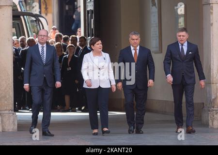 Prime Ministers of Visegrad Group countries (L-R): Czech Republic's Bohuslav Sobotka, Poland's Beata Szydlo, Hungary's Viktor Orban and Slovakia's Robert Fico before their meeting at the Royal Castle in Warsaw, Poland on June 19, 2017 (Photo by Mateusz Wlodarczyk/NurPhoto) *** Please Use Credit from Credit Field *** Stock Photo