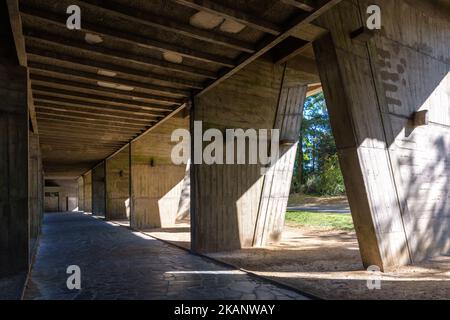 Concrete pillars of the 'Maison Radieuse' residential building designed by Swiss-French architect Le Corbusier in Rezé, France. Stock Photo