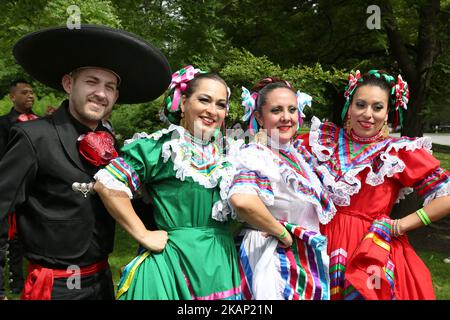 Members of a Mexican dance group take part in a multi-cultural Canada Day parade at Queens Park in downtown Toronto, Ontario, Canada, on July 01, 2017. Canadians across the country celebrated the 150th birthday of Canada (the 150th anniversary of Confederation). (Photo by Creative Touch Imaging Ltd./NurPhoto) *** Please Use Credit from Credit Field *** Stock Photo