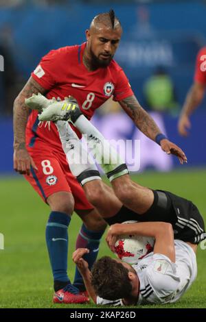 Arturo Vidal (L) of the Chile national football team and Jonas Hector of the Germanyl national football team vie for the ball during the 2017 FIFA Confederations Cup final match between Chile and Germany at Saint Petersburg Stadium on July 02, 2017 in St. Petersburg, Russia. (Photo by Igor Russak/NurPhoto) *** Please Use Credit from Credit Field *** Stock Photo