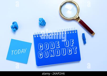 Hand writing sign Code Of Conduct. Business showcase set of principles are ethics, respect, code, honesty, and integrity Stock Photo