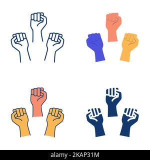 Protest icon set in flat and line style. Raised hands with clenched fists. Vector illustration. Stock Vector