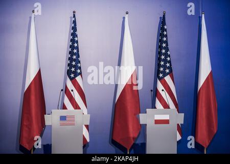 US and Polish flags are seen during a joint press conference at the Royal Castle in Warsaw, Poland, July 6, 2017 between Polish President Andrzej Duda and US President Donald Trump. (Photo by Celestino Arce/NurPhoto) *** Please Use Credit from Credit Field *** Stock Photo