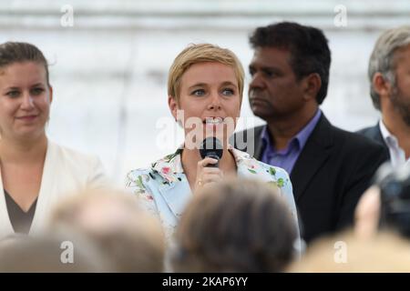 La France Insoumise member of Parliament Clementine Autain speaks during a demonstration against the French government's planned labour law reforms on the Place de la Republique in Paris, on July 12, 2017. The French government has planned an overhaul of France's rigid labour laws which will give companies more powers to negotiate conditions directly with their employees, skirting industry-wide deals. (Photo by Julien Mattia/NurPhoto) *** Please Use Credit from Credit Field *** Stock Photo