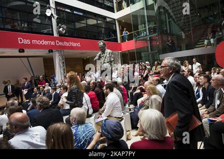 People listen to Chancellor Candidate and Chairman of the Social Democratic Party (SPD) Martin Schulz (not in the picture) speaking during the event 'Zukunft. Gerechtigkeit. Europa' (Future, Equitiy, Europe) at the SPD headquarters Willy-Brandt-Haus in Berlin, Germany on July 16, 2017. (Photo by Emmanuele Contini/NurPhoto) *** Please Use Credit from Credit Field *** Stock Photo