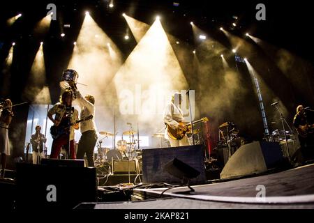 The canadian indie rock band Arcade Fire pictured on stage as they perform at Milano Summer Festival in the Ippodromo San Siro, Milan, Italy on July 17, 2017. (Photo by Roberto Finizio/NurPhoto) *** Please Use Credit from Credit Field *** Stock Photo