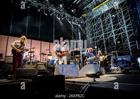 The canadian indie rock band Arcade Fire pictured on stage as they perform at Milano Summer Festival in the Ippodromo San Siro, Milan, Italy on July 17, 2017. (Photo by Roberto Finizio/NurPhoto) *** Please Use Credit from Credit Field *** Stock Photo