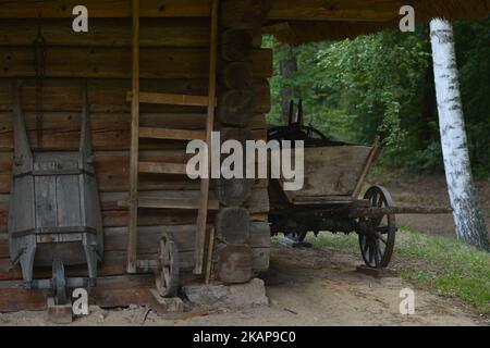 A view of old agricultural equipment inside the Folk Culture Open-Air Museum in Kolbuszowa. On Sunday, July 16, 2017, in Kolbuszowa, Poland., 2017, in Kolbuszowa, Poland. (Photo by Artur Widak/NurPhoto) *** Please Use Credit from Credit Field *** Stock Photo