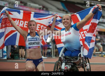 Hannah Cockroft of Great Britain celebrates after winning gold in the Women's 400m T34 Final alongside Georgina Hermitage who won gold in the Women's 400m T37 during World Para Athletics Championships at London Stadium in London on July 20, 2017 (Photo by Kieran Galvin/NurPhoto) *** Please Use Credit from Credit Field *** Stock Photo