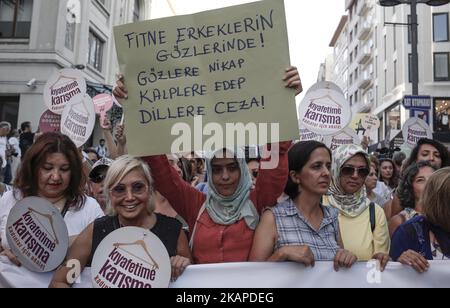 Protesters hold signs and banner as thousands gather in Istanbul on July 29, 2017 to denounce the increase in violence and abuse against women. *** Please Use Credit from Credit Field *** Stock Photo