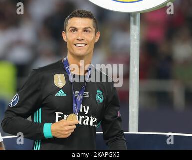 Cristiano Ronaldo of Real Madrid celebrates with his winners medal after the UEFA Super Cup final between Real Madrid and Manchester United at the Philip II Arena on August 8, 2017 in Skopje, Macedonia. (Photo by Ahmad Mora/NurPhoto) *** Please Use Credit from Credit Field *** Stock Photo