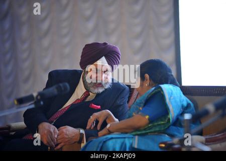 Manjeev Singh Puri, Ambassador of India to Nepal and External Affairs Minister of India Sushma Swaraj talks with each other during reception at India House to mark 70 Years of India's independence at Kathmandu, Nepal on August 11, 2017. (Photo by Narayan Maharjan/NurPhoto) *** Please Use Credit from Credit Field *** Stock Photo