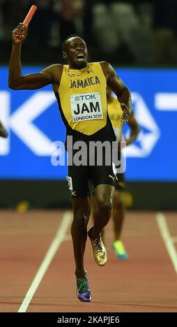 Usain Bolt of Jamaica, compete in his last ever race in the 4 times 100 meter final in London, UK on August 12, 2017 at the 2017 IAAF World Championships athletics. (Photo by Ulrik Pedersen/NurPhoto) *** Please Use Credit from Credit Field *** Stock Photo