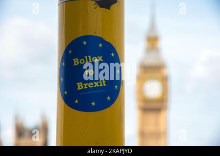 An Anti-Brexit sticker is seen in London on August 14, 2017. The Government will go forward to the second step of the negotiations to leave the European Union after the referendum of June 2016. (Photo by Alberto Pezzali/NurPhoto) Stock Photo