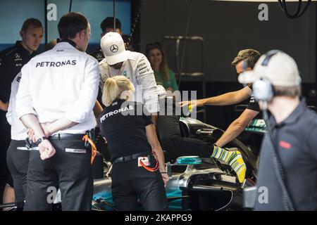 44 HAMILTON Lewis from Great Britain of team Mercedes GP testing how to get out the car with the Halo during the Formula One Belgian Grand Prix at Circuit de Spa-Francorchamps on August 24, 2017 in Spa, Belgium. (Photo by Xavier Bonilla/NurPhoto) Stock Photo