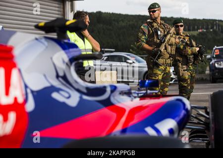 Military protection inside the pitlane during the Formula One Belgian Grand Prix at Circuit de Spa-Francorchamps on August 24, 2017 in Spa, Belgium. (Photo by Xavier Bonilla/NurPhoto) Stock Photo