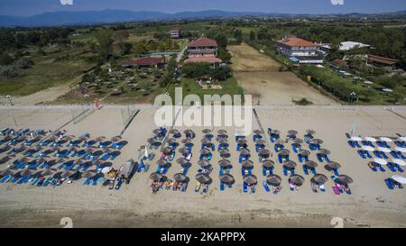 Drone images of Korinos Beach in Katerini, in Northern Greece on 25 August 2017. (Photo by Nicolas Economou/NurPhoto) Stock Photo