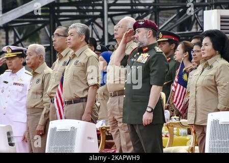 Prime Minister of Malaysia Najib Razak(C) and Malaysia's King Muhammad V(2nd R) pictured during the 60th National Day celebrations at Independence Square in Kuala Lumpur, Malaysia on August 31, 2017. (Photo by Chris Jung/NurPhoto) Stock Photo