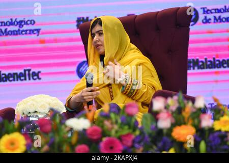 Pakistani Social Leader Malala Yousafzai and winner of Nobel Peace Prize in 2014 is seen speak during the 'Meeting with Malala' press conference at the Tecnologico de Monterrey University as part of her working visit to Mexico on August 31, 2017 in Mexico City, Mexico. (Photo by Carlos Tischler/NurPhoto) Stock Photo