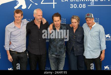 Producer Graham Broadbent, director Martin McDonagh, actor Sam Rockwell, actress Frances McDormand and actor Woody Harrelson attend the photocall of the movie 'Three Billboards Outside Ebbing, Missouri' presented in competition at the 74th Venice Film Festival in Venice, Italy, on September 4, 2017. (Photo by Matteo Chinellato/NurPhoto) Stock Photo