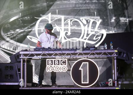 English DJ, musician and actor Goldie, performs on the second day of Reading Festival, Reading on August 26, 2017. (Photo by Alberto Pezzali/NurPhoto) Stock Photo