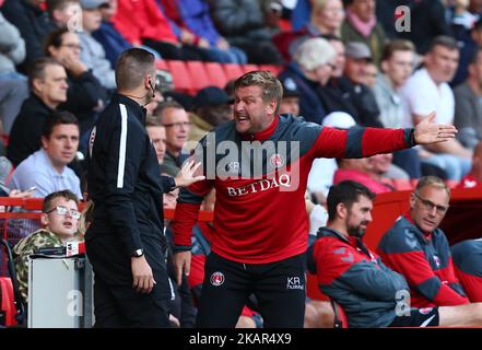 Charlton Athletic manager Karl Robinson having ago at 4th Officialduring Sky Bet League One match between Charlton Athletic against Southend United at The Valley Stadium in London, UK on September 9, 2017. (Photo by Kieran Galvin/NurPhoto) Stock Photo