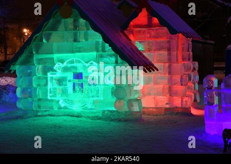 Ice hut (from a children's fairy tale) on New Year's Eve in the city park Stock Photo