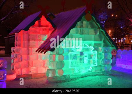 Ice hut (from a children's fairy tale) on New Year's Eve in the city park Stock Photo