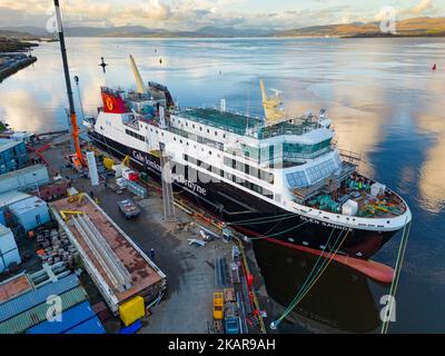 Port Glasgow, Scotland, UK. 3rd November 2022. Aerial view of Caledonian Macbrayne ferry MV Glen Sannox under construction at Ferguson Marine shipyard in Port Glasgow on the River Clyde. The ferries, MV Glen Sannox and Hull 802 are delayed and over budget. The Scottish Parliament’s Public Audit Committee will hear from First Minister Nicola Sturgeon on Friday 4th November. The Committee is investigating the awarding of the procurement contract to Ferguson Marine shipyard and the events since.  The ferries are 5 years late and the price has more than doubled.  Iain Masterton/Alamy Live News Stock Photo