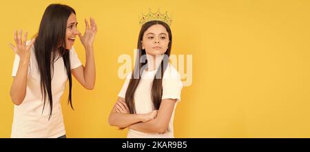 Mother and daughter child banner, copy space, isolated background. mother raise naughty daughter. childhood and motherhood Stock Photo