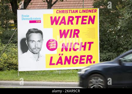 An election poster of the main candidate of the right-liberal Freie Demokratische Partei (Free democratic party, FDP) Christian Lindner is pictured in the district of Lichtenberg in Berlin, Germany on September 15, 2017. (Photo by Emmanuele Contini/NurPhoto)