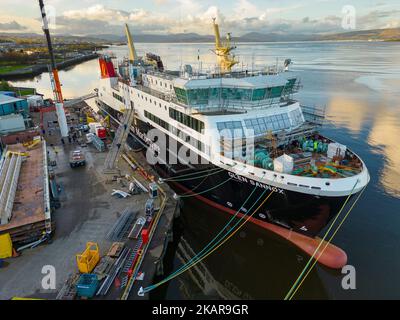 Port Glasgow, Scotland, UK. 3rd November 2022. Aerial view of Caledonian Macbrayne ferry MV Glen Sannox under construction at Ferguson Marine shipyard in Port Glasgow on the River Clyde. The ferries, MV Glen Sannox and Hull 802 are delayed and over budget. The Scottish Parliament’s Public Audit Committee will hear from First Minister Nicola Sturgeon on Friday 4th November. The Committee is investigating the awarding of the procurement contract to Ferguson Marine shipyard and the events since.  The ferries are 5 years late and the price has more than doubled.  Iain Masterton/Alamy Live News Stock Photo