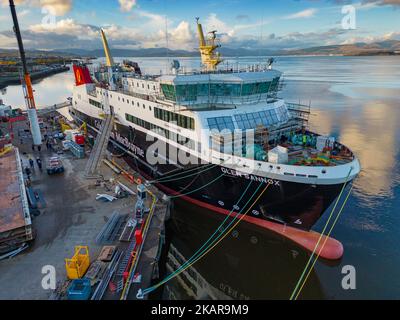 Port Glasgow, Scotland, UK. 3rd November 2022. Aerial view of Caledonian Macbrayne ferry MV Glen Sannox under construction at Ferguson Marine shipyard in Port Glasgow on the River Clyde. The ferries, MV Glen Sannox and Hull 802 are delayed and over budget. The Scottish Parliament’s Public Audit Committee will hear from First Minister Nicola Sturgeon on Friday 4th November. The Committee is investigating the awarding of the procurement contract to Ferguson Marine shipyard and the events since.  The ferries are 5 years late and the price has more than doubled.  Iain Masterton/Alamy Live News Stock Photo