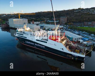 Port Glasgow, Scotland, UK. 3rd November 2022. Aerial view of Caledonian Macbrayne ferry MV Glen Sannox under construction at Ferguson Marine shipyard in Port Glasgow on the River Clyde. The ferries, MV Glen Sannox and Hull 802 are delayed and over budget. The Scottish Parliament’s Public Audit Committee will hear from First Minister Nicola Sturgeon on Friday 4th November. The Committee is investigating the awarding of the procurement contract to Ferguson Marine shipyard and the events since.  The ferries are 5 years late and the price has more than doubled.  Iain Masterton/Alamy Live News Stock Photo