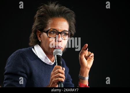 French journalist Audrey Pulvar takes part in a debate during the Festival of Humanity (Fete de l'Humanite), a political event and music festival organised by the French Communist party (PCF) on September 17, 2017 in La Courneuve, outside Paris. Audrey Pulvar was elected on June 28, 2017 new president of the Nicolas Hulot Foundation for Nature and Man, after Nicolas Hulot appointment to the Ministry of Ecological and Solidarity Transition. (Photo by Michel Stoupak/NurPhoto) Stock Photo