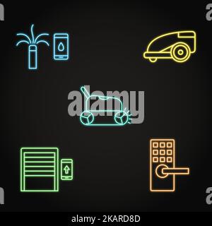 Neon house and garden automation icon set. Remote controlled garage door, automated lock, lawn mower, pool cleaner and smart sprinkler. Vector illustr Stock Vector
