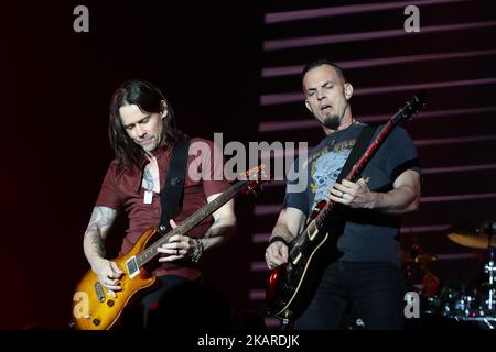 Myles Kennedy and Mark Tremonti from American band Alter Bridge performs at the Rock in Rio Festival in the Olympic Park, Rio de Janeiro, Brazil, on September 22, 2017. (Photo by Gilson Borba/NurPhoto) Stock Photo