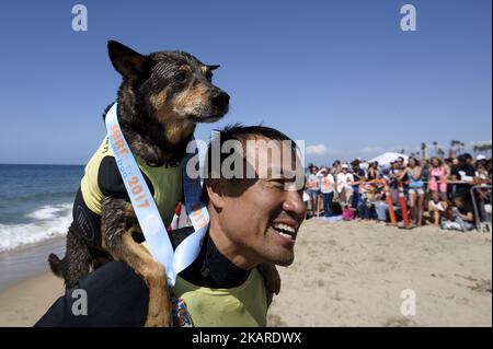 Surf dog Abbie, an Australian Kelpie, and owner Michael Uy after competing in the Surf City Surf Dog competition in Huntington Beach California on September 23, 2017. Over 40 dogs from the USA, Brazil and Canada competed in the annual Surf City Surf Dog Competition in which dogs surfed on their own or in tandem with their humans.(Photo by: Ronen Tivony) (Photo by Ronen Tivony/NurPhoto) Stock Photo