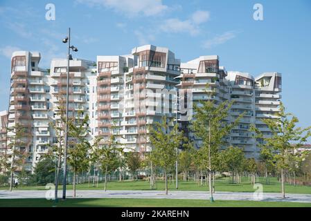 General view of CityLife district in Milan, on September 24, 2017. CityLife is a residential, commercial and business district under construction in a short distance from the old city centre of Milan, Italy, involving an area of 36.6 ha. The development is being carried out by a company controlled by Generali Group, that won the international tender for the redevelopment of the historic neighborhood of Fiera Milano. The project is designed by the world iconic architects Zaha Hadid, Arata Isozaki and Daniel Libeskind. (Photo by Alberto Pezzali/NurPhoto) Stock Photo