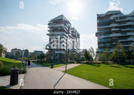 General view of CityLife district in Milan, on September 24, 2017. CityLife is a residential, commercial and business district under construction in a short distance from the old city centre of Milan, Italy, involving an area of 36.6 ha. The development is being carried out by a company controlled by Generali Group, that won the international tender for the redevelopment of the historic neighborhood of Fiera Milano. The project is designed by the world iconic architects Zaha Hadid, Arata Isozaki and Daniel Libeskind. (Photo by Alberto Pezzali/NurPhoto) Stock Photo