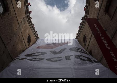 On the roof of the historic Museum of the Catalunya, in Barcelona, on 28 September 2017, hundreds of Autonomous Catalan firemen protest for the democracy and the voting on the 1st of October for the Self-determination referendum of Catalonia, from the rest of Spain. (Photo by Guillaume Pinon/NurPhoto) Stock Photo